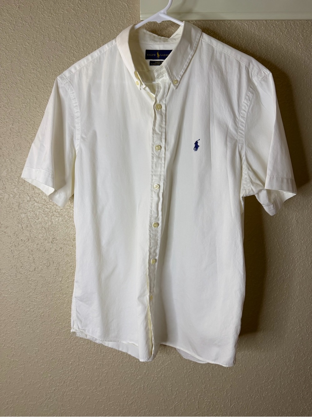 Ralph Lauren White Short-Sleeve Button-Down Shirt with Navy Logo
